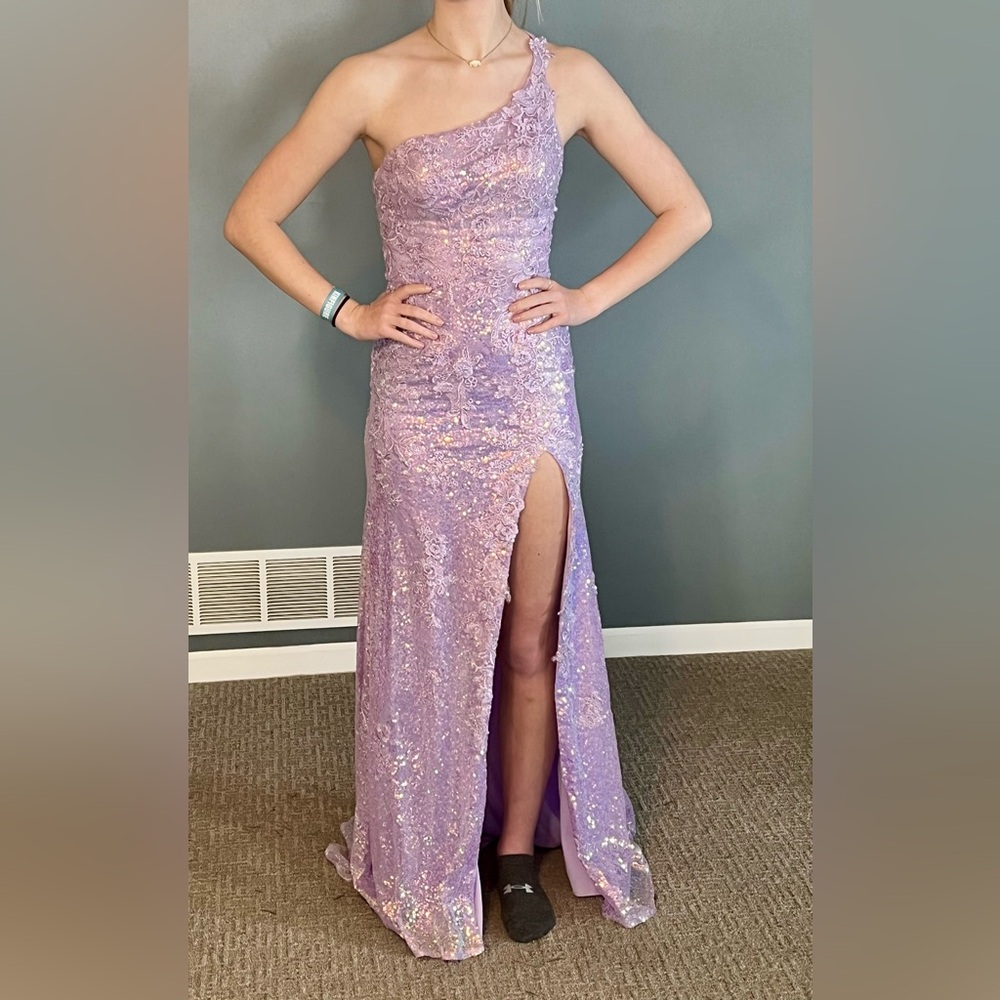 One shoulder prom dress.